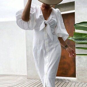 White Casual Women's Short Sleeve Simplistic Hollow-Out Long Dress